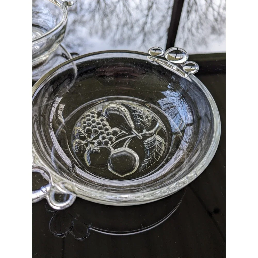 Vintage Clear Pressed Glass Berry/ Dessert Bowl Set Of Two Bottom Bubble Handles